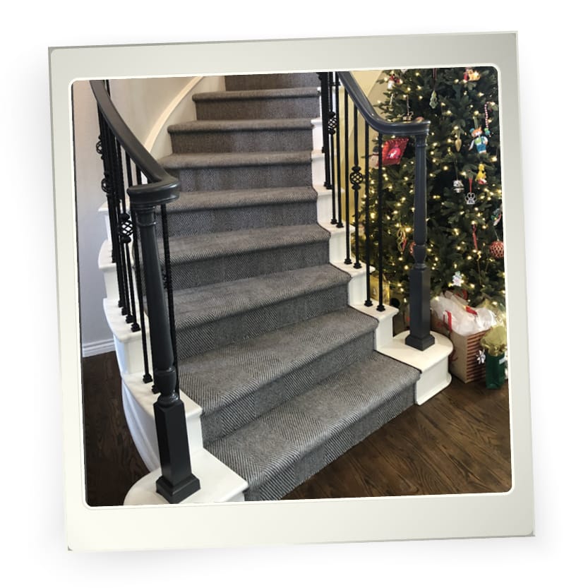 Premium wool carpeting installed on curved stairs.